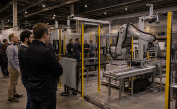 Industrial robot workcell on a trade show floor with vision sensors and safety fencing