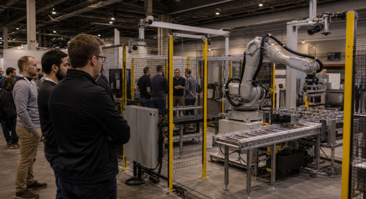 Industrial robot workcell on a trade show floor with vision sensors and safety fencing Industrial robot workcell on a trade show floor with vision sensors and safety fencing