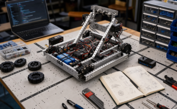 Student robotics workbench with aluminum chassis, controller, sensors, notebooks, and field tiles prepared for the 2026–2027 RECF season