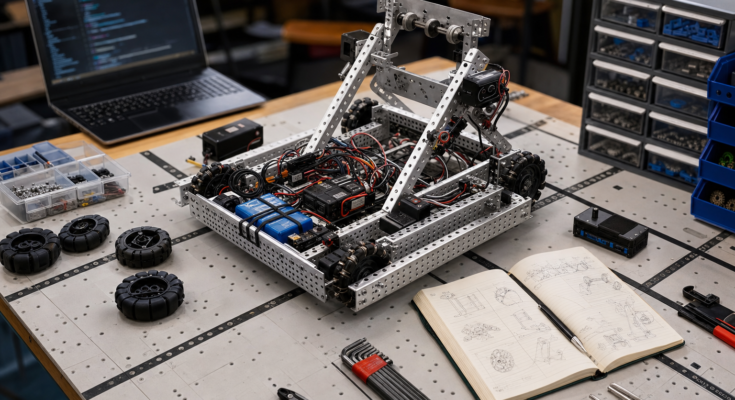 Student robotics workbench with aluminum chassis, controller, sensors, notebooks, and field tiles prepared for the 2026–2027 RECF season
