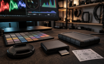 Camera media and color-grading tools arranged for an AI photo and video enhancement workflow.