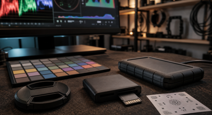 Camera media and color-grading tools arranged for an AI photo and video enhancement workflow.