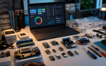 Maker workbench with ESP32 boards and an abstract ESPHome Device Builder dashboard workflow