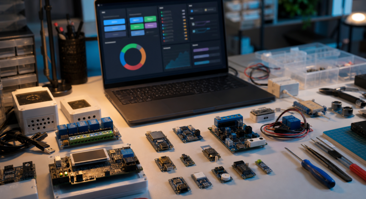 Maker workbench with ESP32 boards and an abstract ESPHome Device Builder dashboard workflow Maker workbench with ESP32 boards and an abstract ESPHome Device Builder dashboard workflow