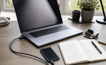 Developer workstation with laptop, connected test device, notebook, and edge development board