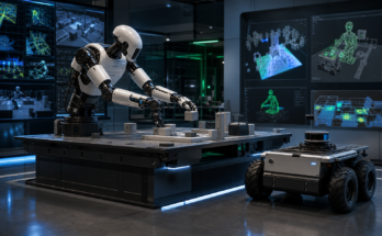 Premium robotics simulation workstation showing physical AI training and evaluation workflows