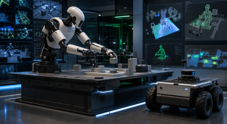 Premium robotics simulation workstation showing physical AI training and evaluation workflows Premium robotics simulation workstation showing physical AI training and evaluation workflows