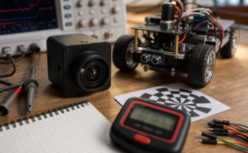Macro photo style view of a robotics camera module, calibration target, stopwatch, and small robot chassis on a workbench