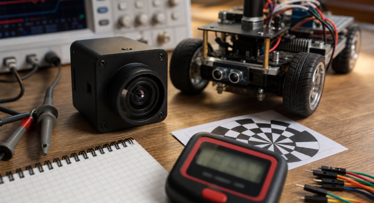Macro photo style view of a robotics camera module, calibration target, stopwatch, and small robot chassis on a workbench