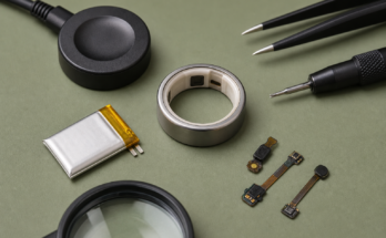 Macro photo of a smart ring repairability workbench with tiny battery, charging dock, and precision tools