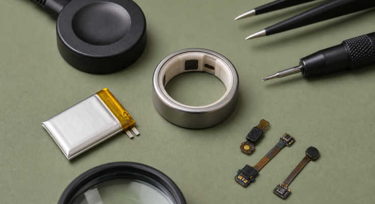 Macro photo of a smart ring repairability workbench with tiny battery, charging dock, and precision tools Macro photo of a smart ring repairability workbench with tiny battery, charging dock, and precision tools