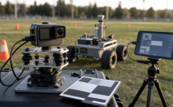 Outdoor robotics field setup with a generic action camera, vibration mount, rover and calibration card