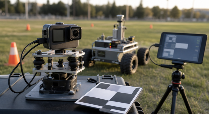 Outdoor robotics field setup with a generic action camera, vibration mount, rover and calibration card Outdoor robotics field setup with a generic action camera, vibration mount, rover and calibration card