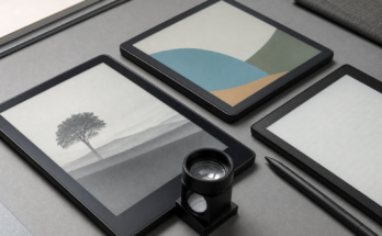 Unbranded e-reader devices with monochrome and color e-paper screens, stylus, and magnifying loupe