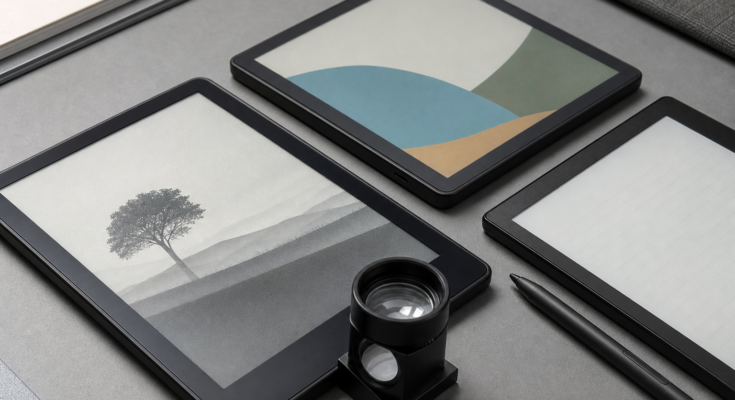 Unbranded e-reader devices with monochrome and color e-paper screens, stylus, and magnifying loupe Unbranded e-reader devices with monochrome and color e-paper screens, stylus, and magnifying loupe