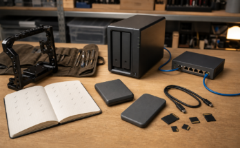 Unbranded NAS, external SSDs, memory cards, and network cables arranged as a creator backup workflow.