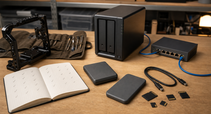 Unbranded NAS, external SSDs, memory cards, and network cables arranged as a creator backup workflow. Unbranded NAS, external SSDs, memory cards, and network cables arranged as a creator backup workflow.