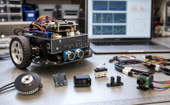 Clean robotics lab bench with encoders, IMU board, distance sensor, camera module, labeled wiring, and a student robot chassis