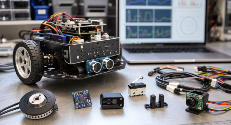 Clean robotics lab bench with encoders, IMU board, distance sensor, camera module, labeled wiring, and a student robot chassis Clean robotics lab bench with encoders, IMU board, distance sensor, camera module, labeled wiring, and a student robot chassis