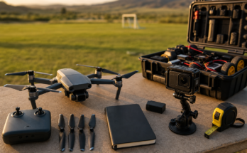 Outdoor field table with compact drone, controller, action camera, mounts, and maker toolkit