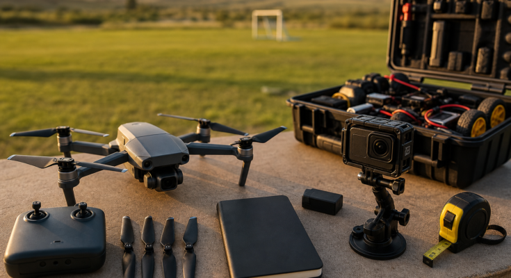 Outdoor field table with compact drone, controller, action camera, mounts, and maker toolkit