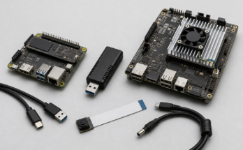 Neutral studio still life of three generic edge AI development boards and cables arranged for comparison