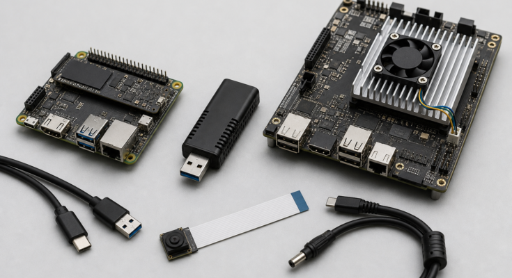 Neutral studio still life of three generic edge AI development boards and cables arranged for comparison Neutral studio still life of three generic edge AI development boards and cables arranged for comparison