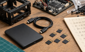 Generic microSD cards, portable SSD, USB-C cable and robot controller arranged on a workshop bench