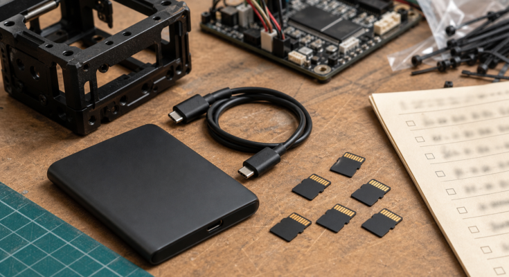 Generic microSD cards, portable SSD, USB-C cable and robot controller arranged on a workshop bench Generic microSD cards, portable SSD, USB-C cable and robot controller arranged on a workshop bench
