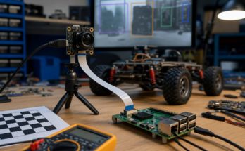 Professional robotics bench with a Raspberry Pi-style single board computer, compact AI camera module, ribbon cable, calibration target, and small rover chassis