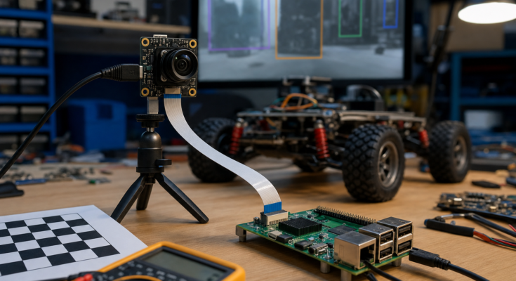 Professional robotics bench with a Raspberry Pi-style single board computer, compact AI camera module, ribbon cable, calibration target, and small rover chassis Professional robotics bench with a Raspberry Pi-style single board computer, compact AI camera module, ribbon cable, calibration target, and small rover chassis