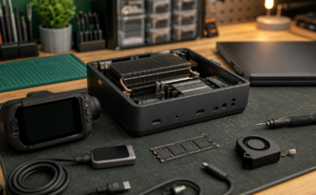 Mini PC and local AI hardware arranged on an electronics test bench for evaluation.