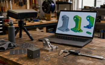 A workshop bench with a small 3D scanner, calibration target, mechanical part, and laptop mesh inspection view.