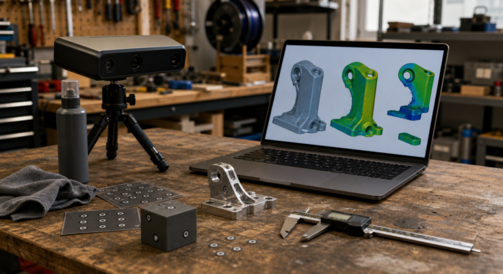 A workshop bench with a small 3D scanner, calibration target, mechanical part, and laptop mesh inspection view. A workshop bench with a small 3D scanner, calibration target, mechanical part, and laptop mesh inspection view.