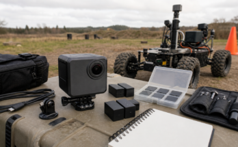 A rugged action camera field documentation kit with mounts, batteries, tools, and a small robot chassis on a neutral work surface.