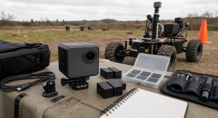 A rugged action camera field documentation kit with mounts, batteries, tools, and a small robot chassis on a neutral work surface. A rugged action camera field documentation kit with mounts, batteries, tools, and a small robot chassis on a neutral work surface.