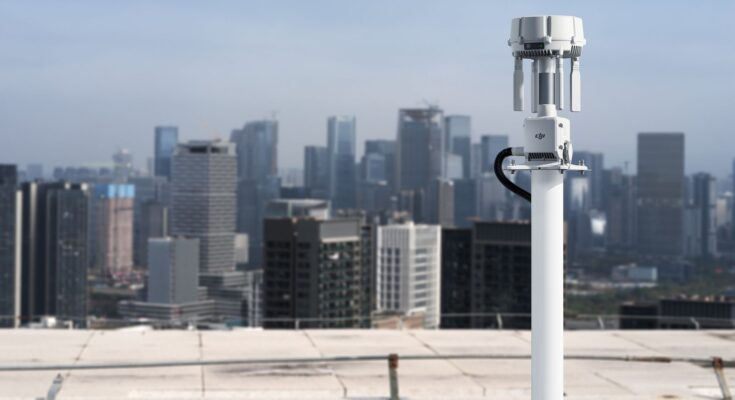 DJI O4 Ground Station enterprise drone communications hardware in an outdoor deployment setting DJI O4 Ground Station enterprise drone communications hardware in an outdoor deployment setting