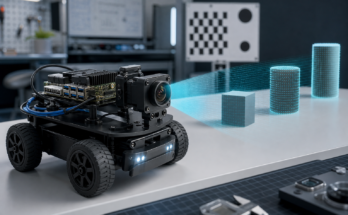 Mobile robotics prototype with edge AI camera and depth perception visualization in a lab