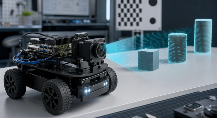 Mobile robotics prototype with edge AI camera and depth perception visualization in a lab Mobile robotics prototype with edge AI camera and depth perception visualization in a lab