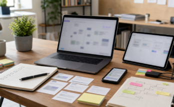 A realistic developer workstation used to evaluate AI search agent workflows across laptop, notes, and test devices.