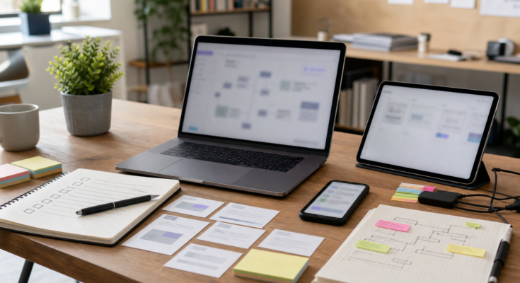 A realistic developer workstation used to evaluate AI search agent workflows across laptop, notes, and test devices. A realistic developer workstation used to evaluate AI search agent workflows across laptop, notes, and test devices.