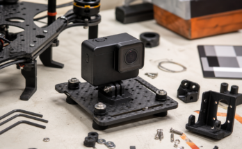 Unbranded action camera mounted on a vibration isolation plate beside drone and maker hardware