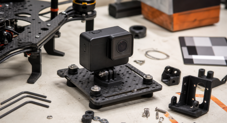 Unbranded action camera mounted on a vibration isolation plate beside drone and maker hardware Unbranded action camera mounted on a vibration isolation plate beside drone and maker hardware