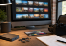 Unbranded creator workstation with camera cards, storage, and a generic photo-management screen
