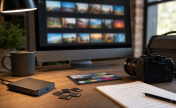 Unbranded creator workstation with camera cards, storage, and a generic photo-management screen
