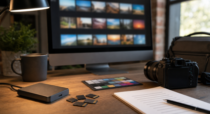 Unbranded creator workstation with camera cards, storage, and a generic photo-management screen Unbranded creator workstation with camera cards, storage, and a generic photo-management screen