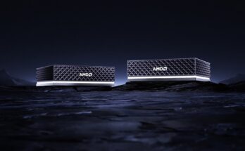 Official AMD Ryzen AI Halo developer platform product image showing two compact AI compute boxes