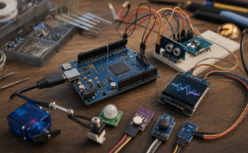 Maker workbench with an embedded AI development board, sensors, and servo for local agent experiments