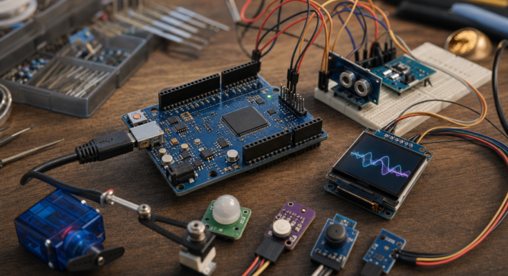 Maker workbench with an embedded AI development board, sensors, and servo for local agent experiments Maker workbench with an embedded AI development board, sensors, and servo for local agent experiments