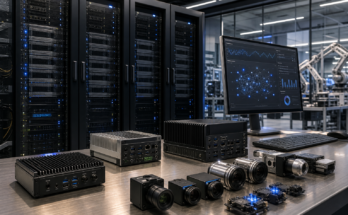 Premium editorial render of an enterprise edge AI deployment stack linking racks, industrial computers, sensors, and operator workstations